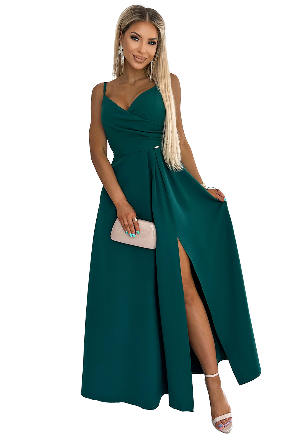 18311-7-299-11 CHIARA elegancka maxi długa suknia na ramiączkach - ZIELONA-7