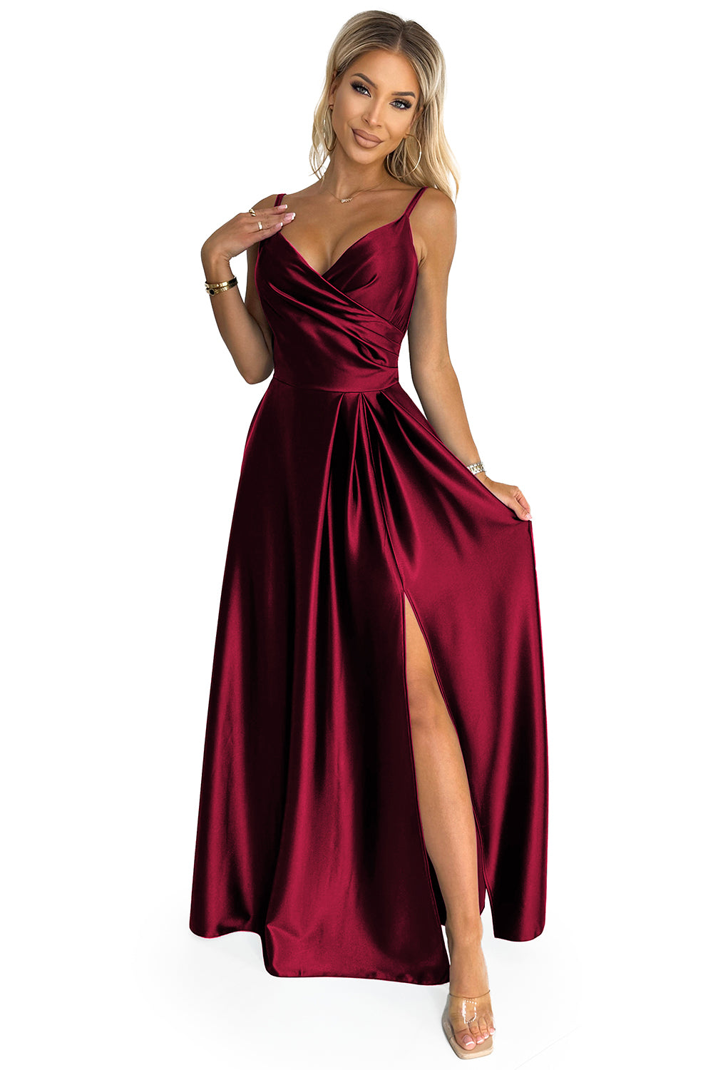 18468-7-299-13 CHIARA elegancka maxi długa satynowa suknia na ramiączkach - BORDOWA-7