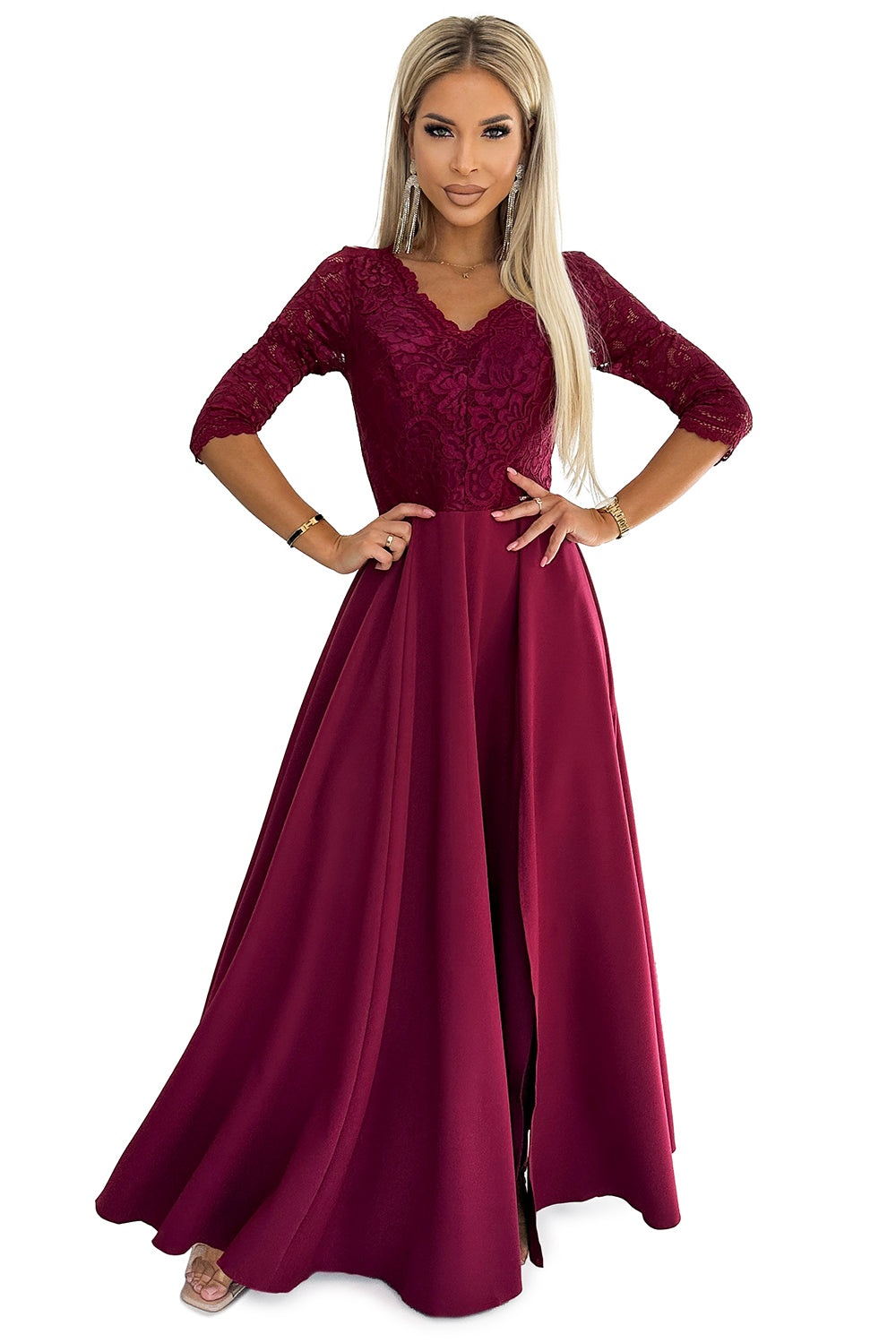 18635-7-309-9 AMBER elegancka długa suknia maxi z koronkowym dekoltem - BORDOWA-7