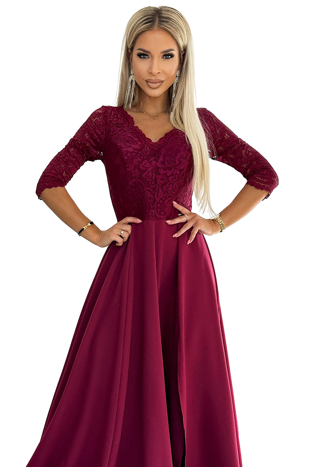 18635-8-309-9 AMBER elegancka długa suknia maxi z koronkowym dekoltem - BORDOWA-8