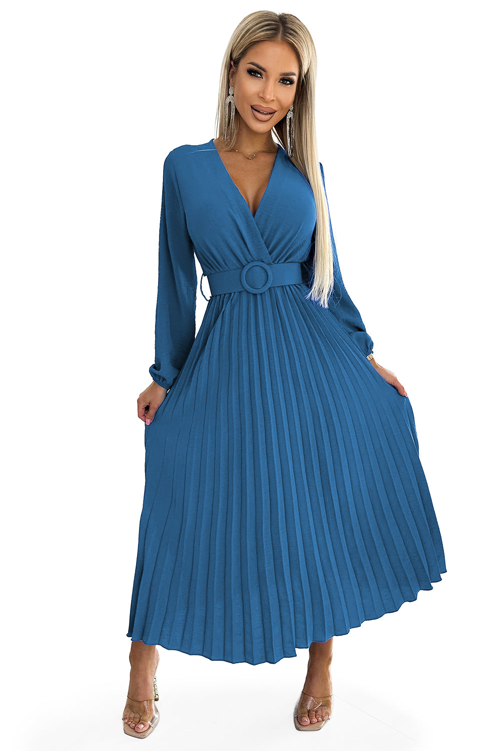 18893-7-504-5 VIVIANA Plisowana sukienka midi z dekoltem, długim rękawkiem i szerokim paskiem - kolor JEANS-7