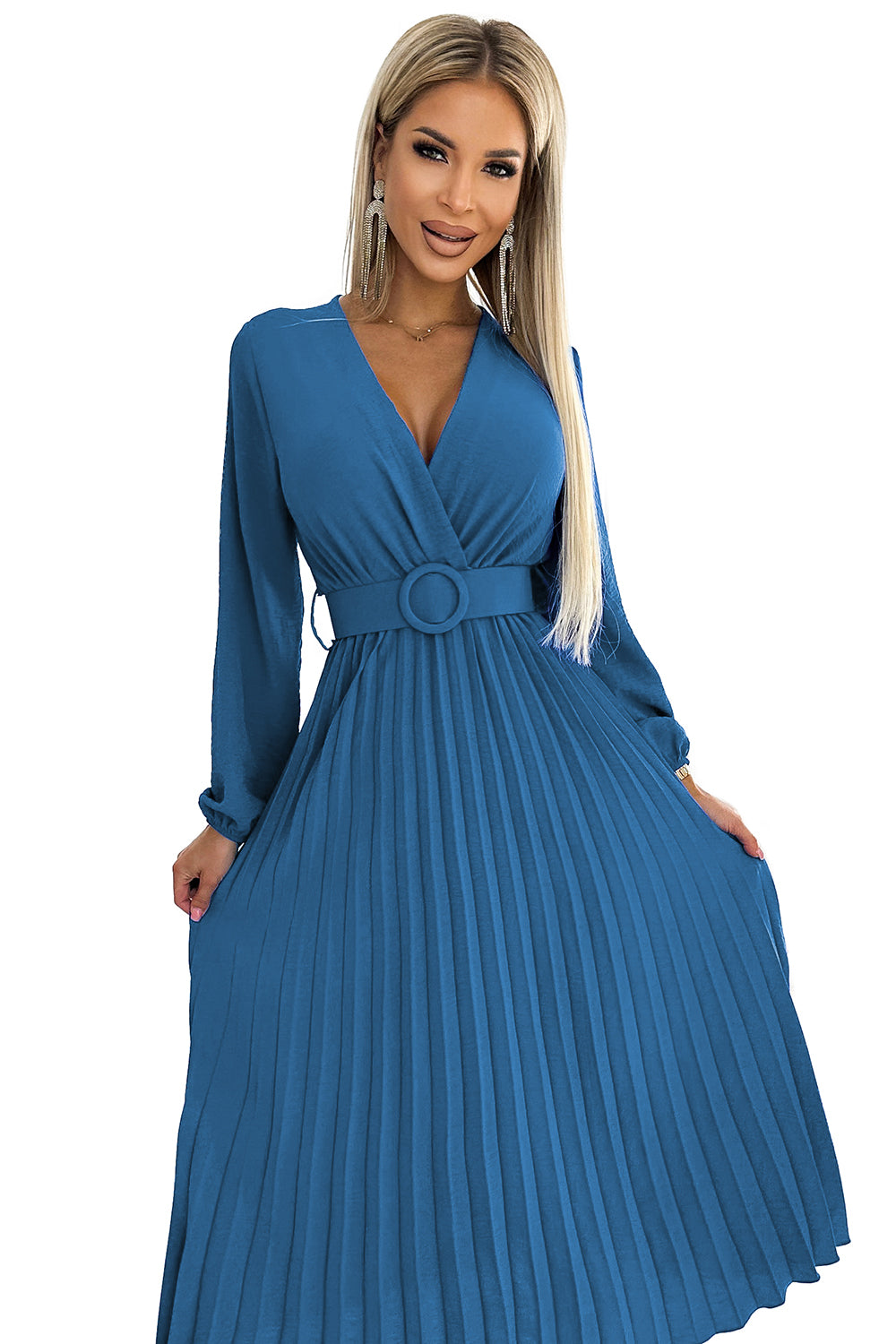 18893-8-504-5 VIVIANA Plisowana sukienka midi z dekoltem, długim rękawkiem i szerokim paskiem - kolor JEANS-8