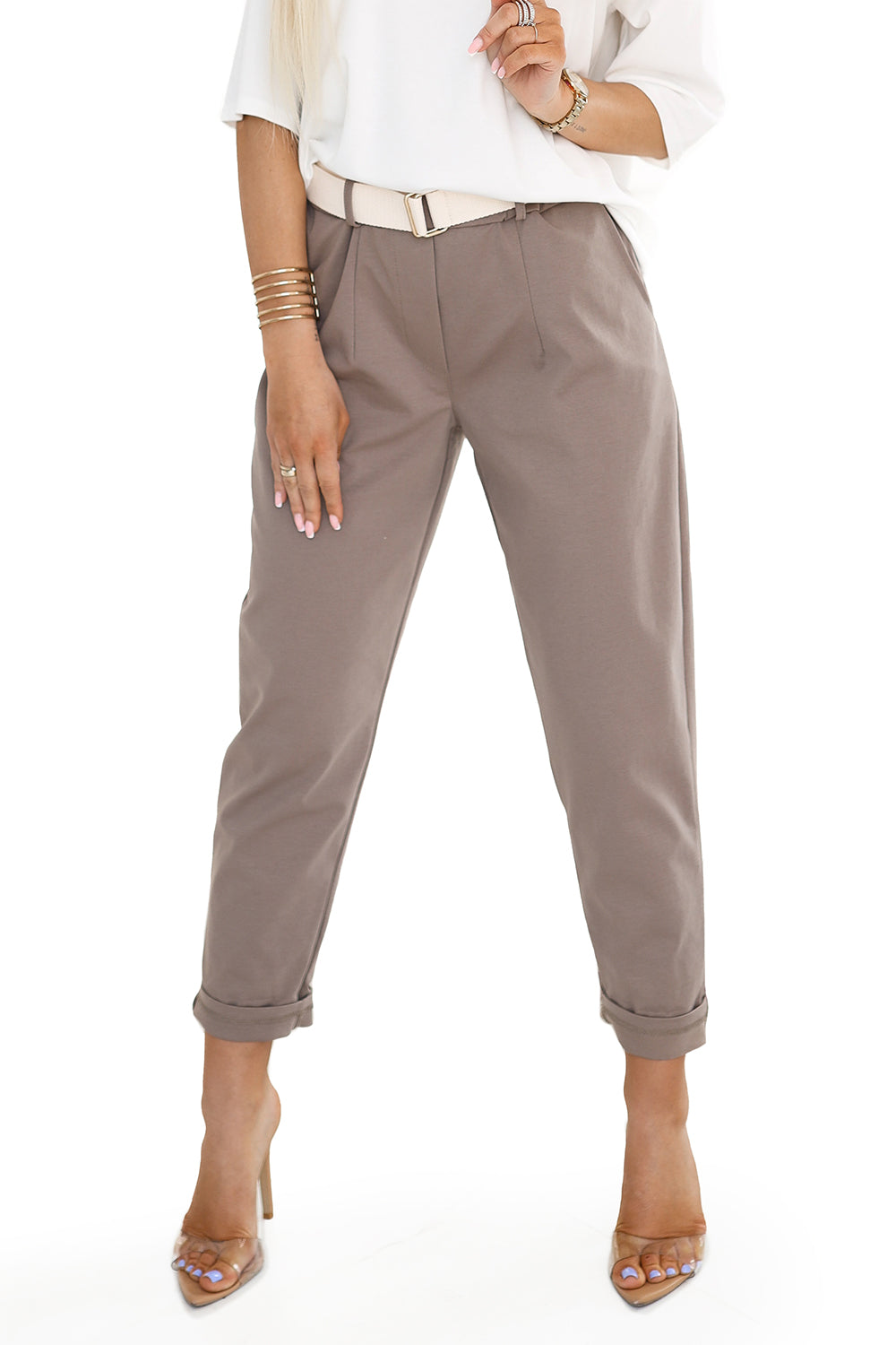 20122-14-590-1 Stylowe spodnie z kieszeniami i ozdobnym paskiem – MOCHA MOUSSE-14