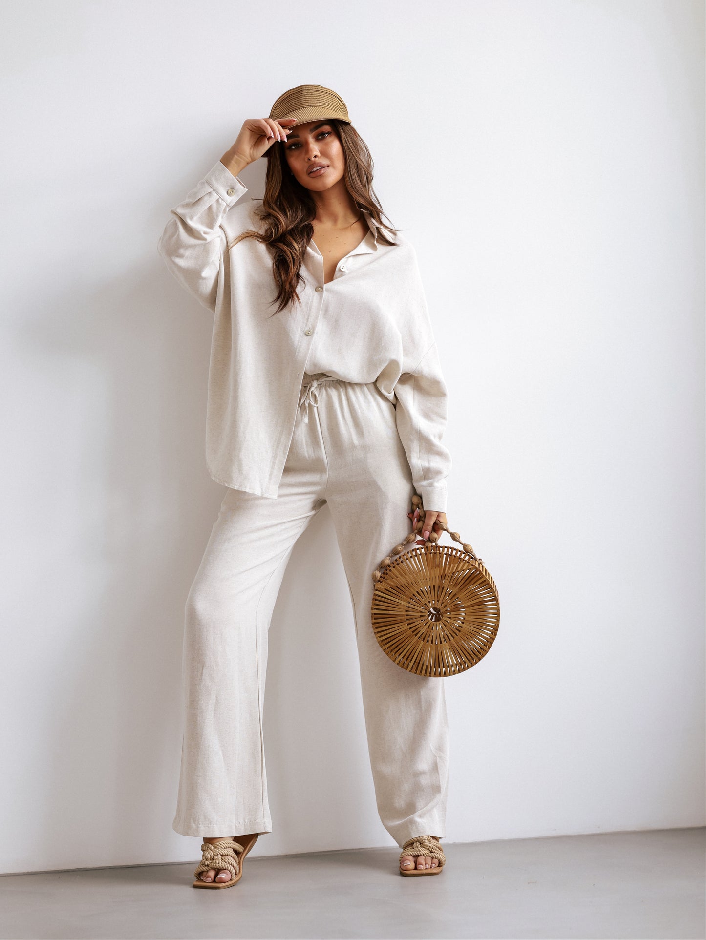 Komplet Linen Breeze| bawełniano-lniany zestaw w kolorze beżowym