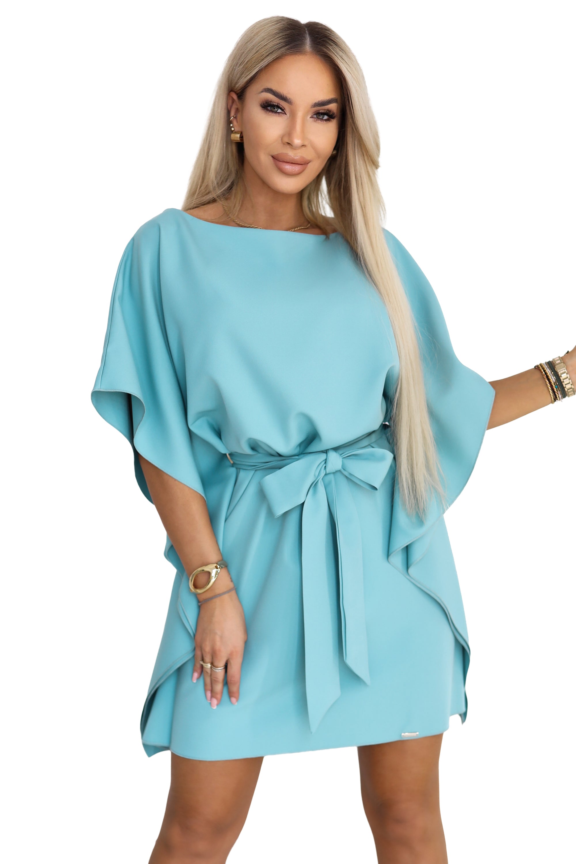 21321-7-287-40 SOFIA Sukienka motyl z wiązaniem w pasie - pastelowy turkus-7