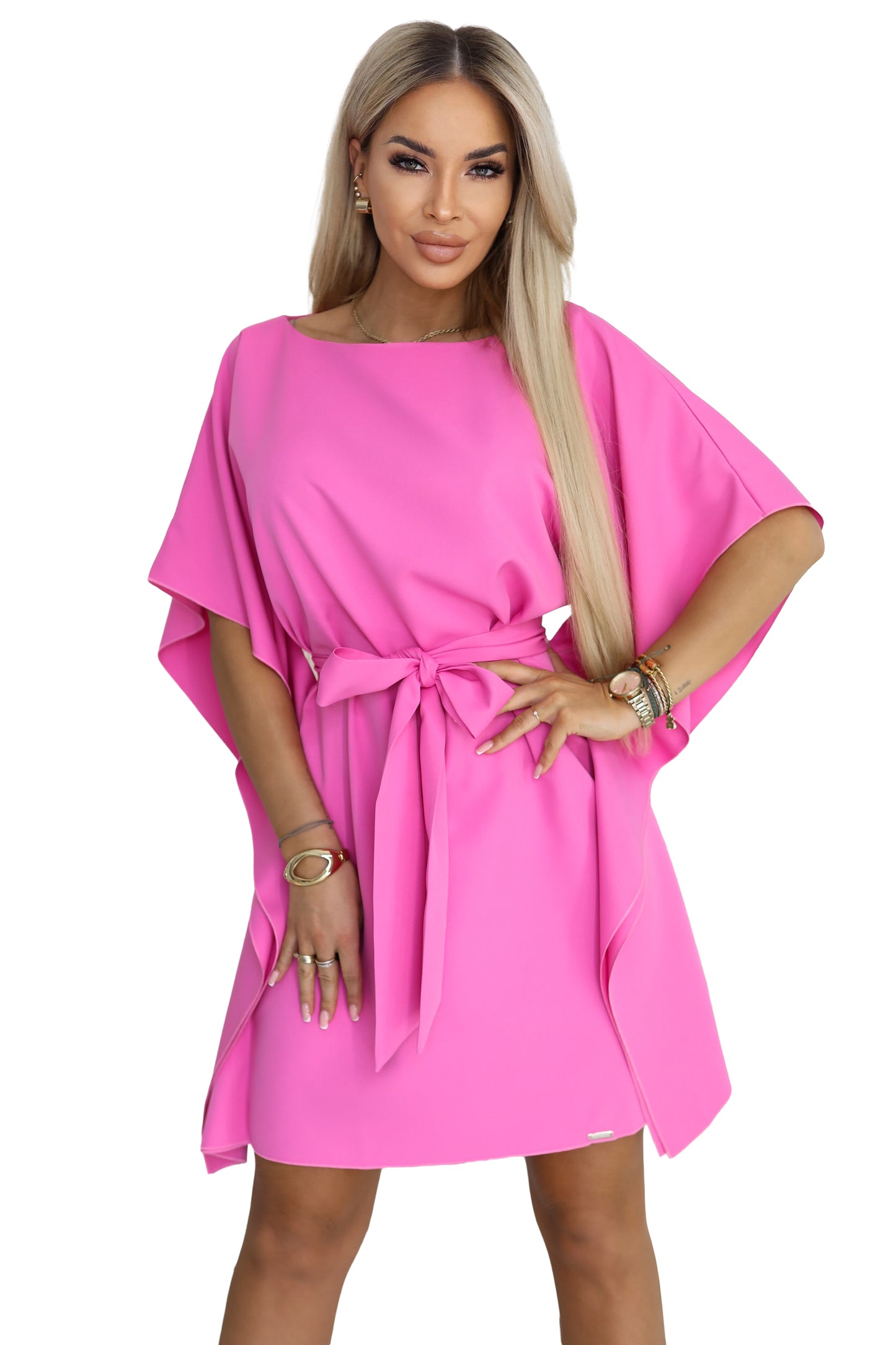 21368-9-287-42 SOFIA Różowa sukienka motyl z wiązaniem w pasie - jasna fuksja-9