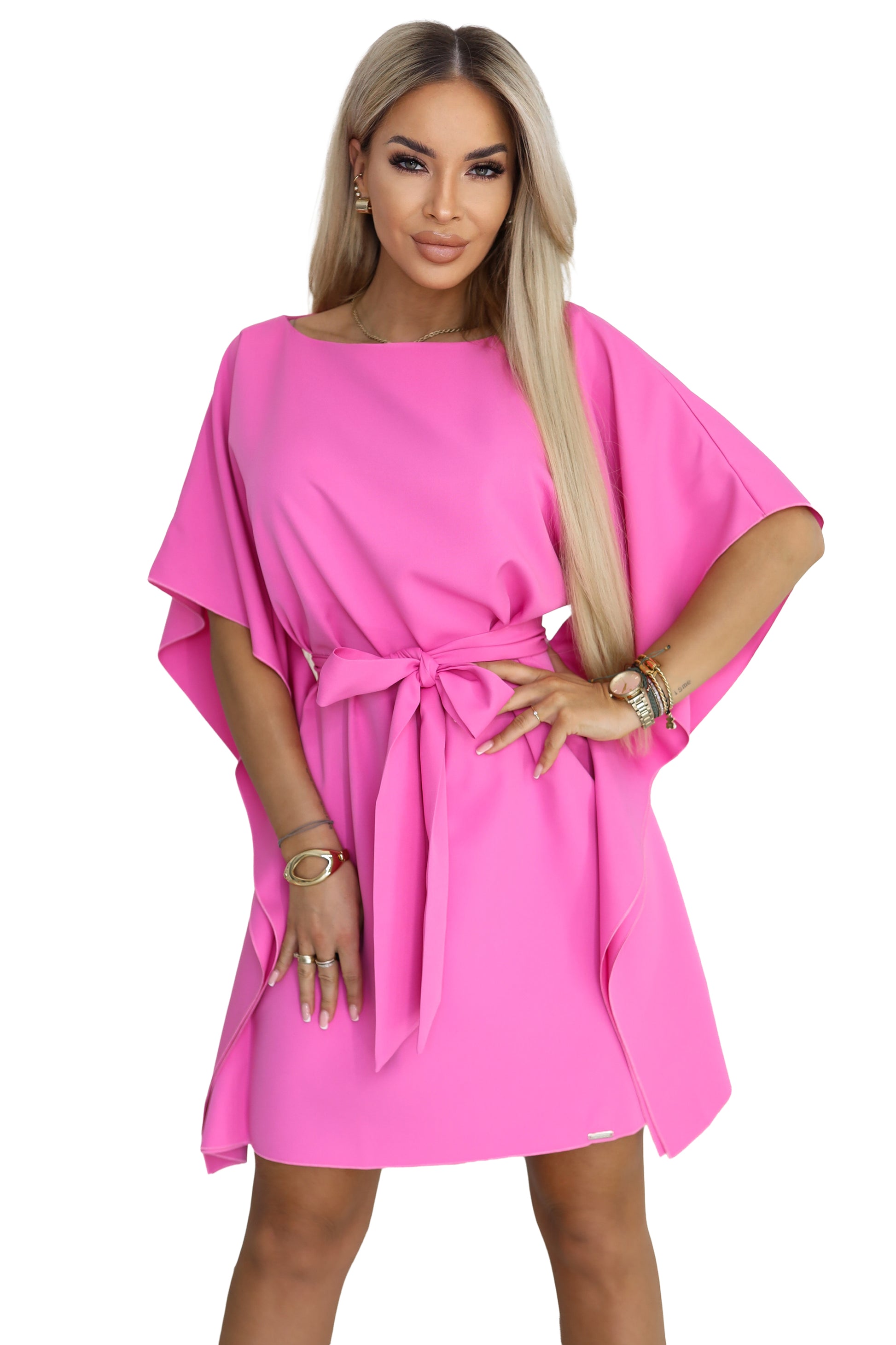 21368-9-287-42 SOFIA Różowa sukienka motyl z wiązaniem w pasie - jasna fuksja-9