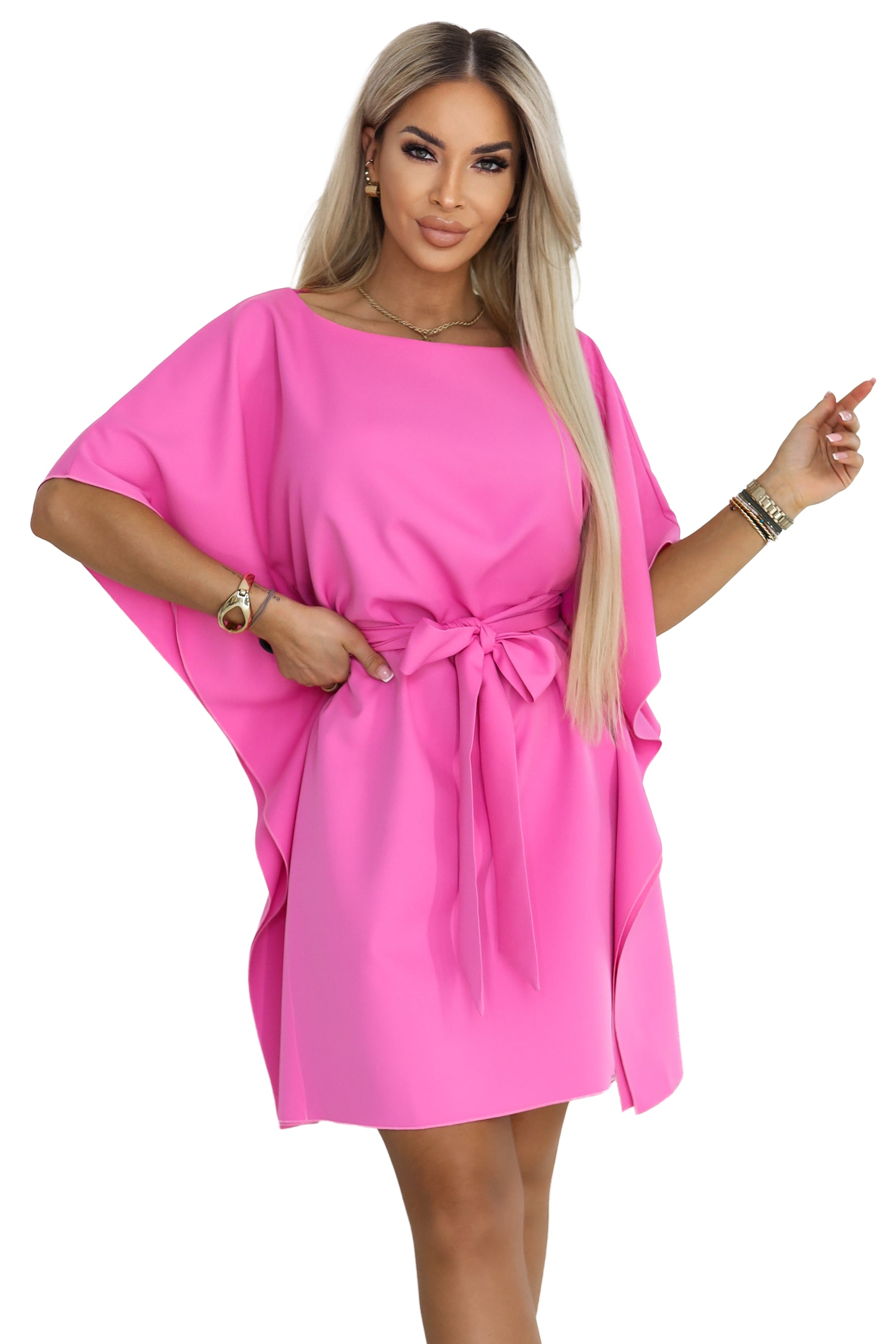 21368-10-287-42 SOFIA Różowa sukienka motyl z wiązaniem w pasie - jasna fuksja-10