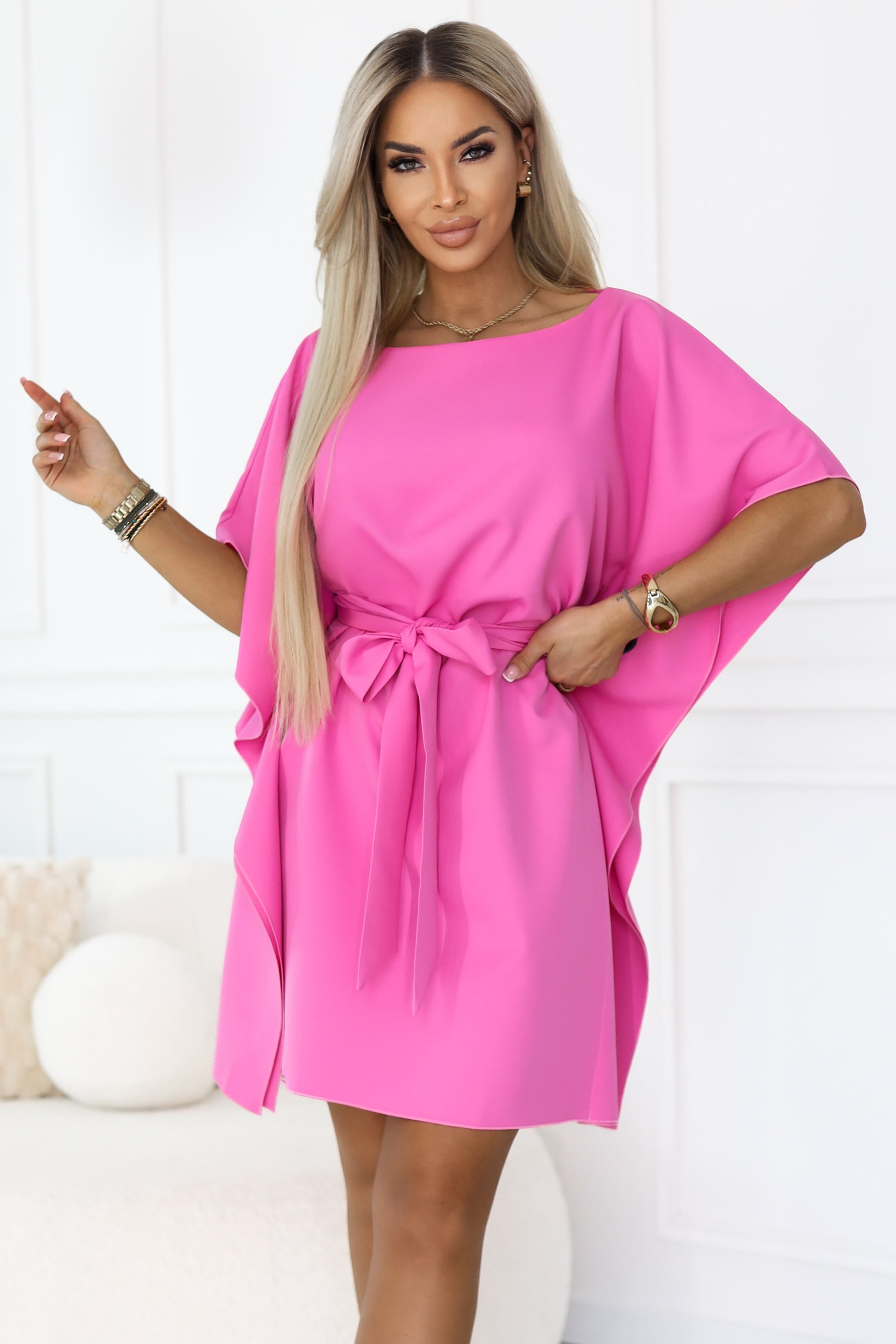 21368-5-287-42 SOFIA Różowa sukienka motyl z wiązaniem w pasie - jasna fuksja-5