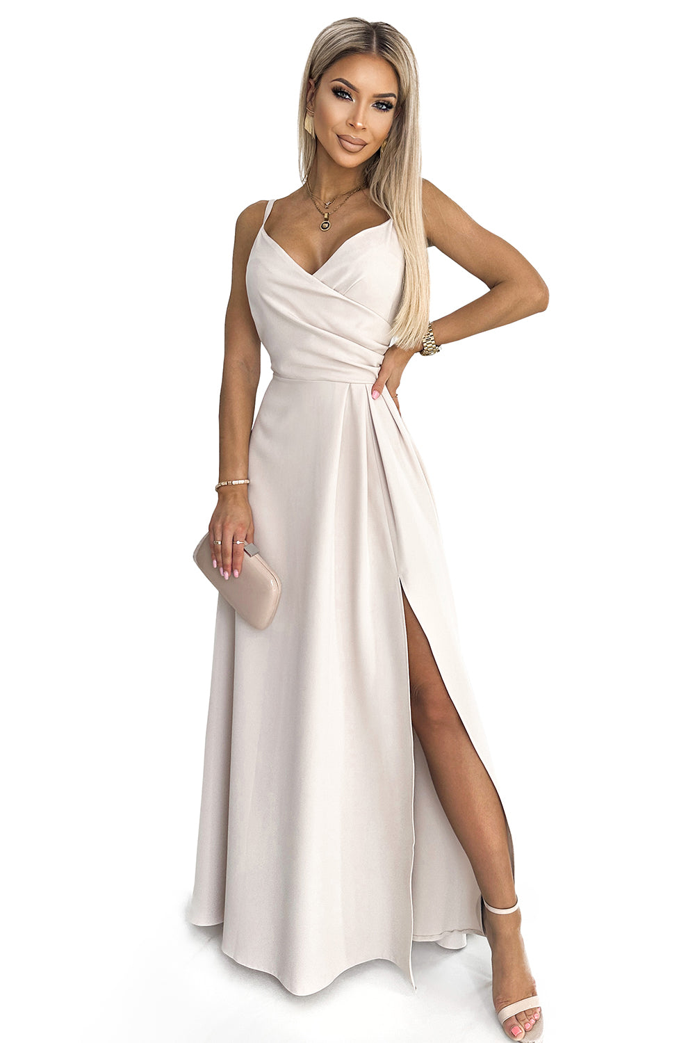 17401-7-299-6 CHIARA elegancka maxi długa suknia na ramiączkach - BEŻOWA-7