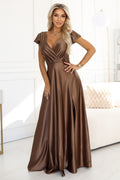 20965-1-411-14 CRYSTAL satynowa długa suknia z dekoltem - mocha mousse-1