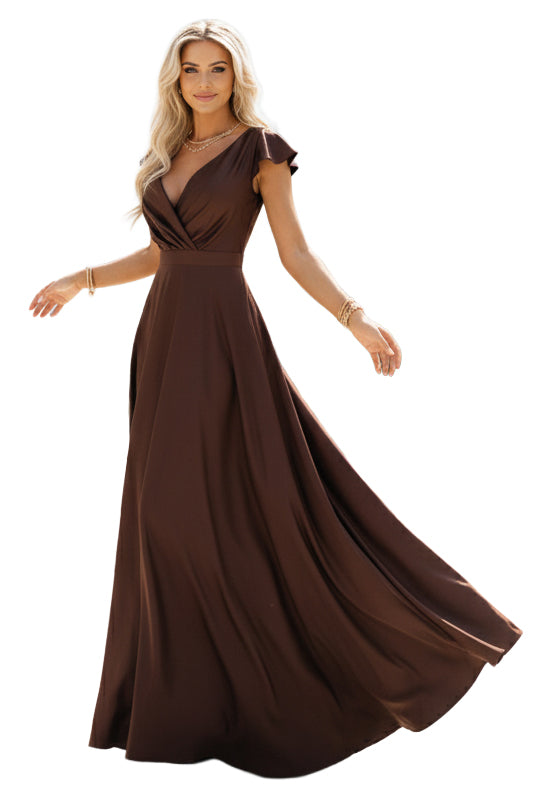 21010-10-411-15 CRYSTAL satynowa długa suknia z dekoltem - czekoladowa-10