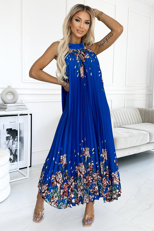 18109-1-456-1 ESTER Plisowana satynowa sukienka maxi - CHABROWA W KWIATY-1