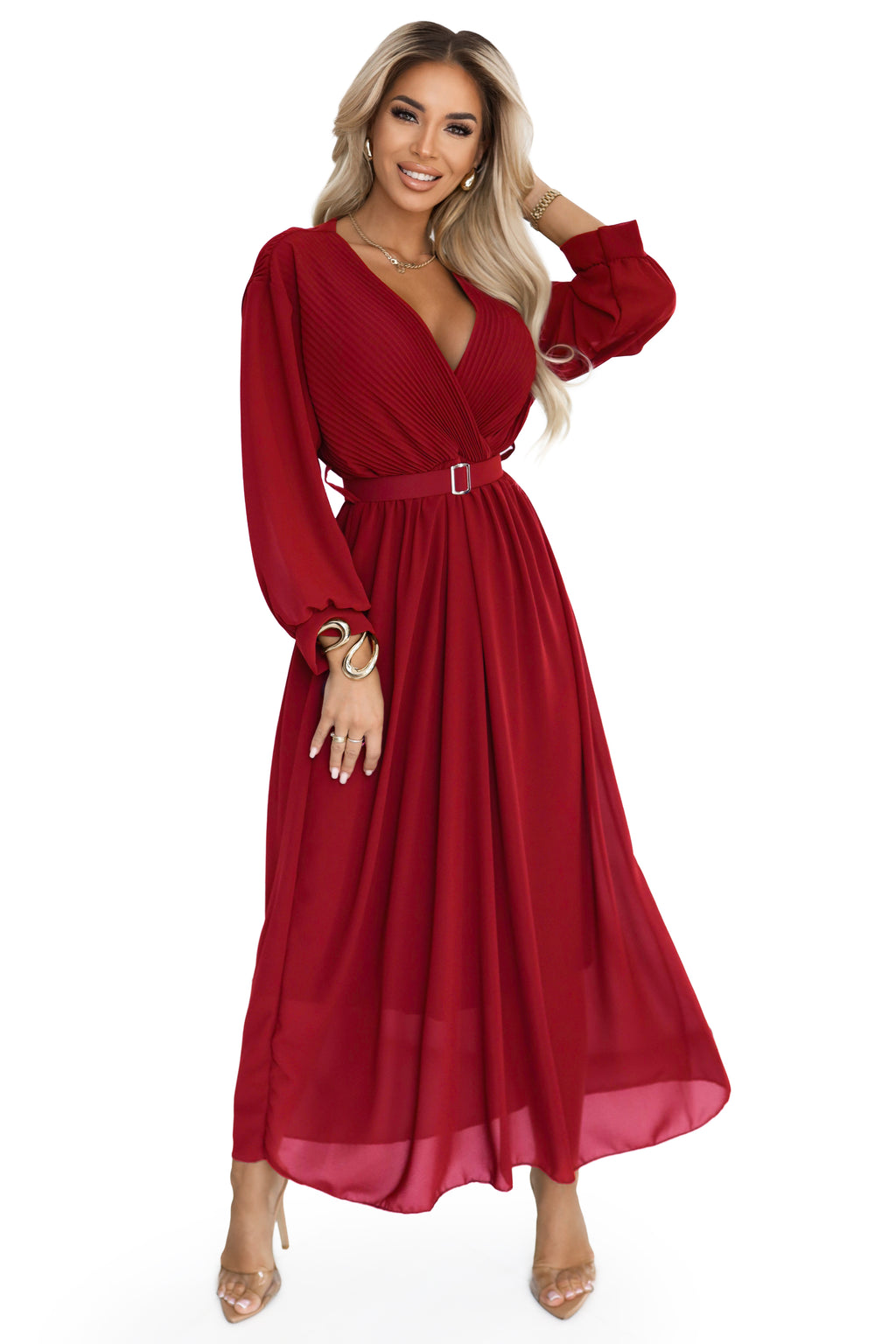 21028-8-639-1 Elegancka plisowana sukienka maxi z paskiem i kopertowym dekoltem - bordowa-8