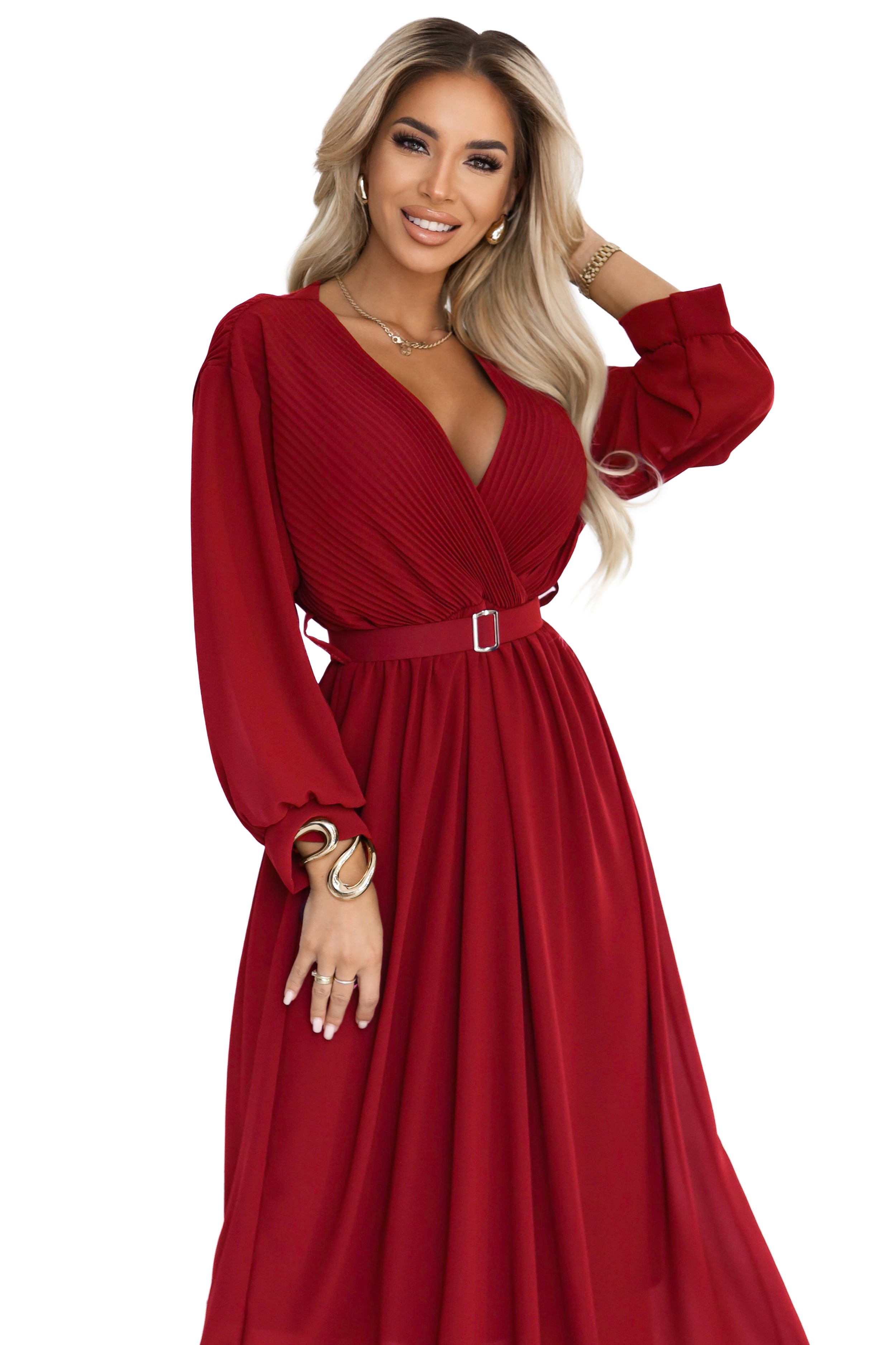 21028-9-639-1 Elegancka plisowana sukienka maxi z paskiem i kopertowym dekoltem - bordowa-9