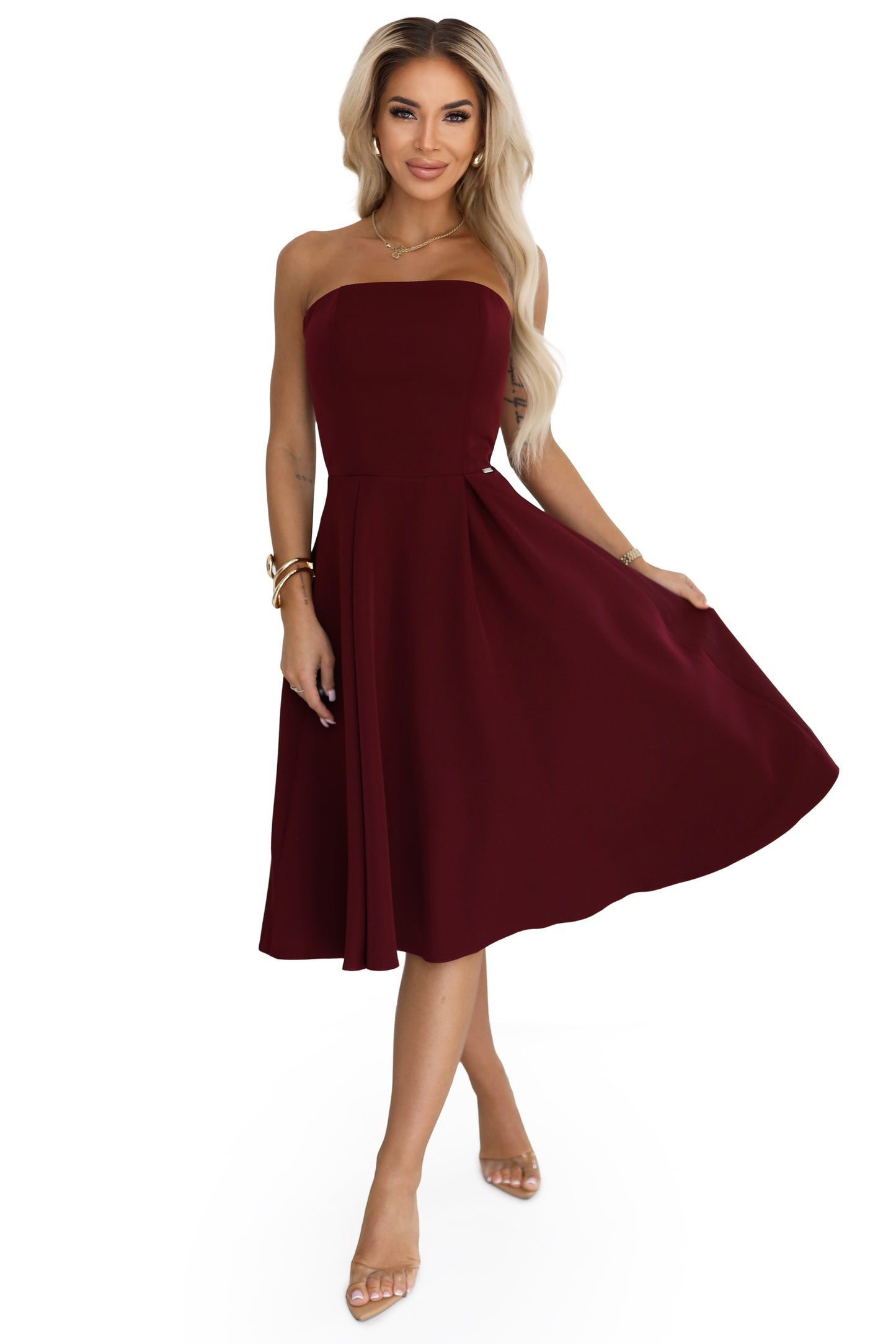 21045-6-641-1 VIVIENNE gorsetowa rozkloszowana sukienka midi na wyjątkowe okazje - bordowa-6
