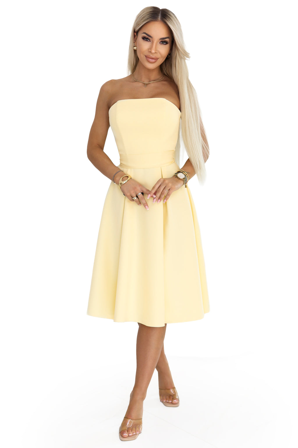 21325-10-641-3 VIVIENNE gorsetowa rozkloszowana sukienka midi z paskiem - pastelowy żółty-10