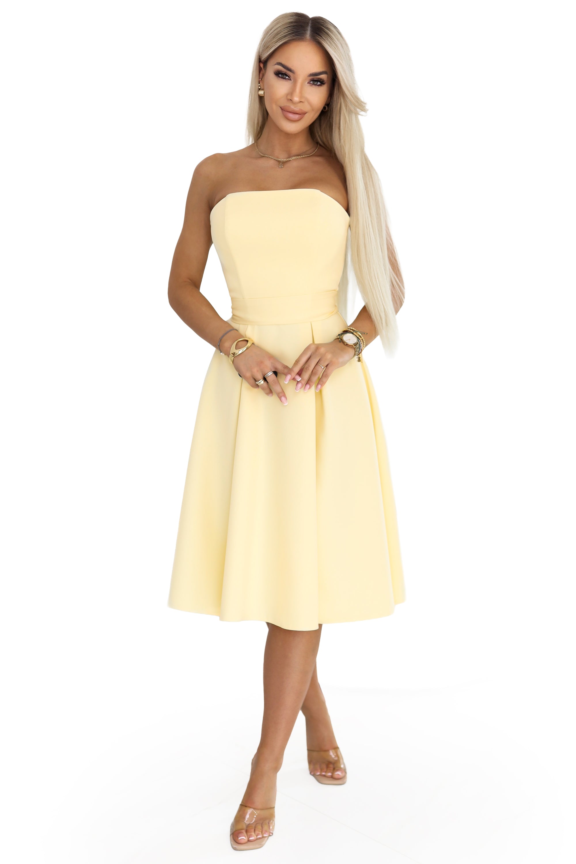 21325-10-641-3 VIVIENNE gorsetowa rozkloszowana sukienka midi z paskiem - pastelowy żółty-10