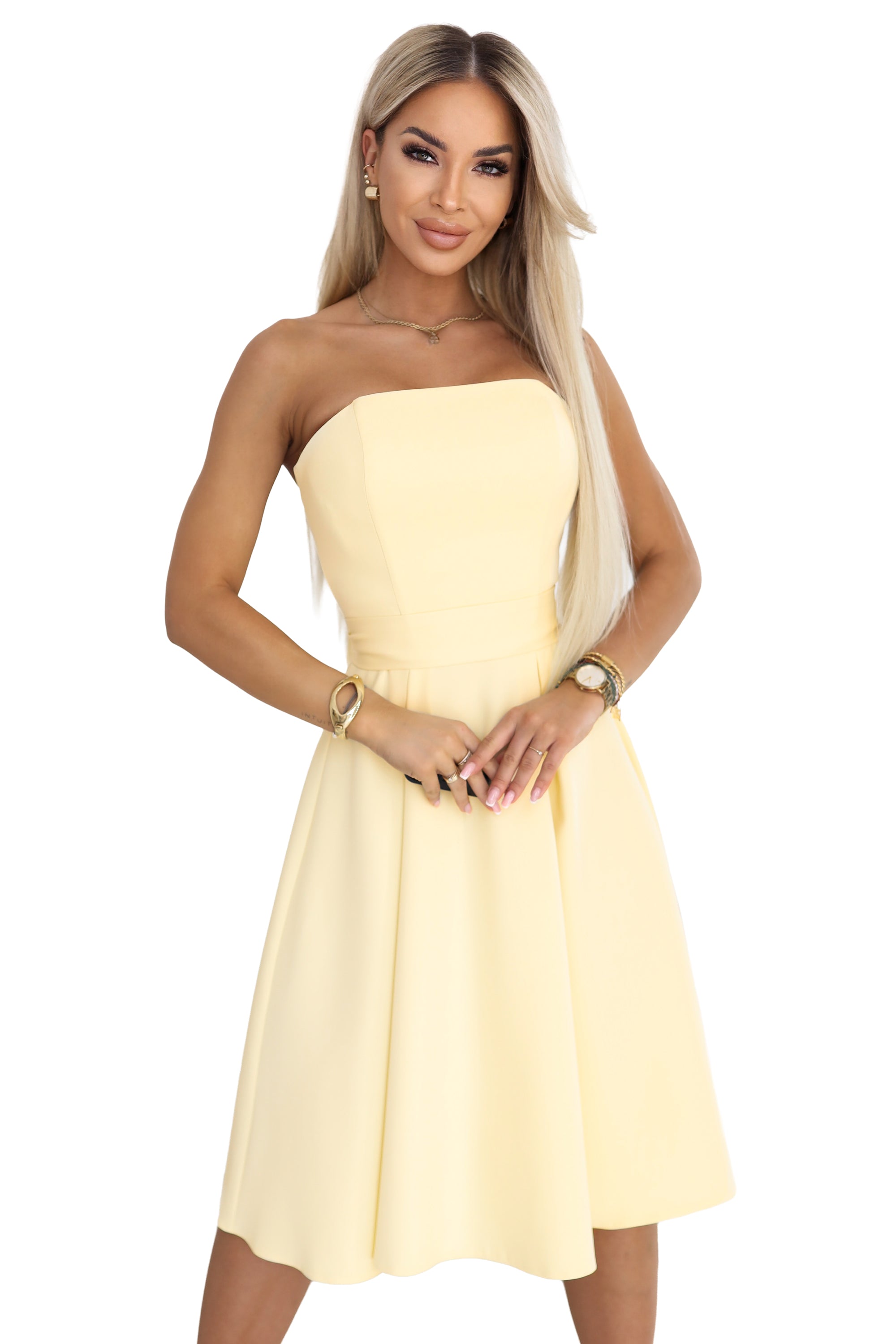 21325-11-641-3 VIVIENNE gorsetowa rozkloszowana sukienka midi z paskiem - pastelowy żółty-11