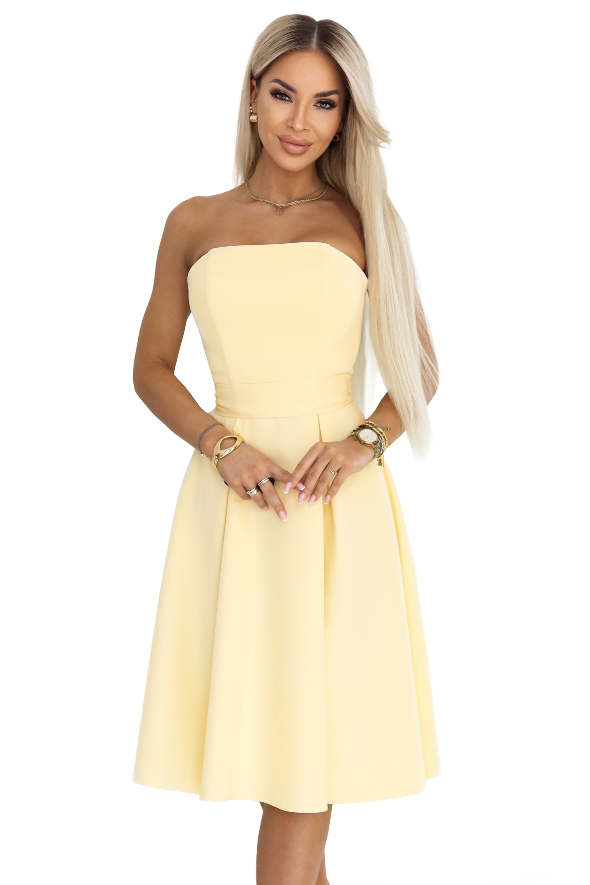 21325-12-641-3 VIVIENNE gorsetowa rozkloszowana sukienka midi z paskiem - pastelowy żółty-12