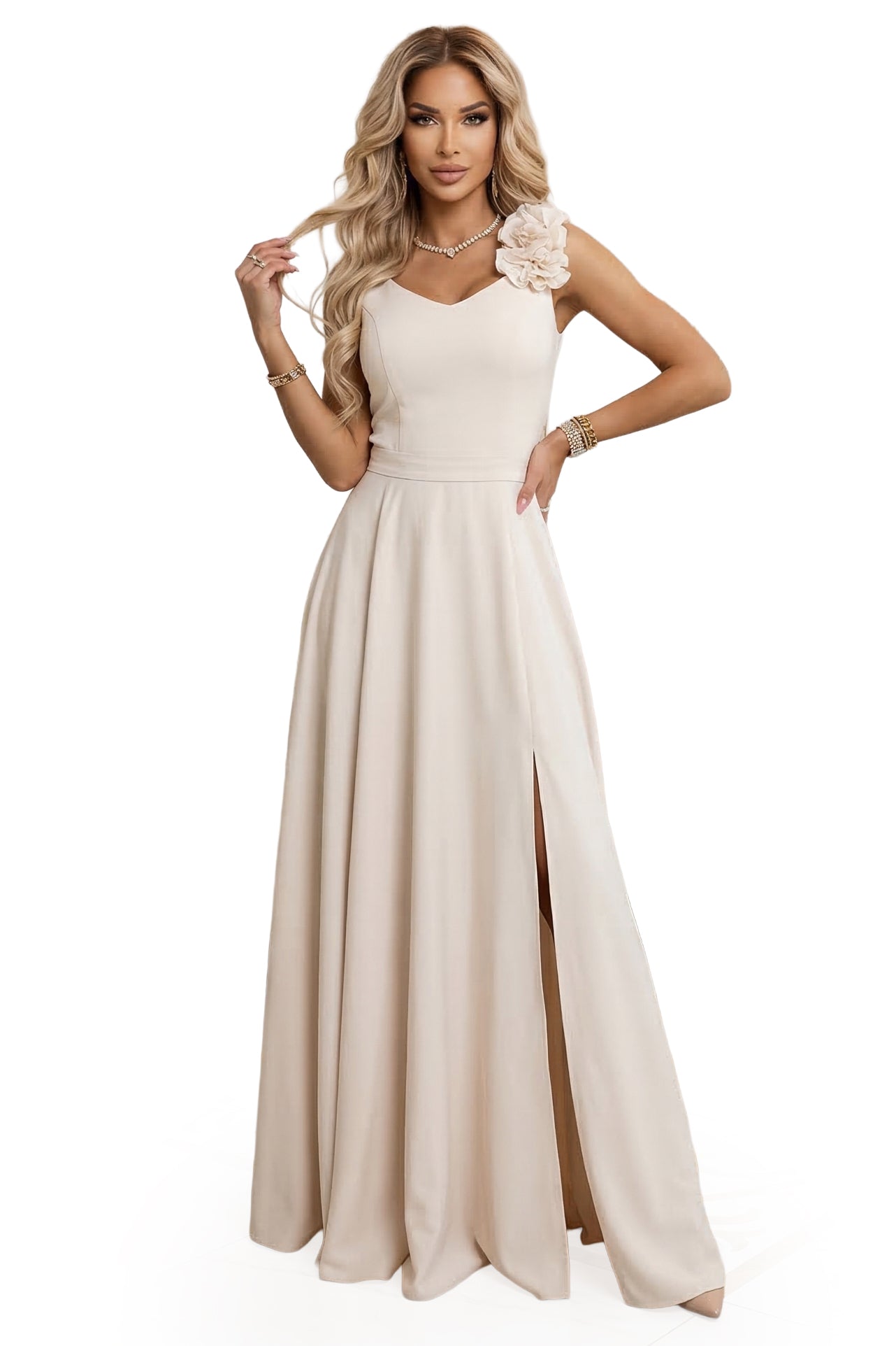 21457-10-643-3 Elegancka wieczorowa suknia maxi z rozcięciem i różami - beżowa-10