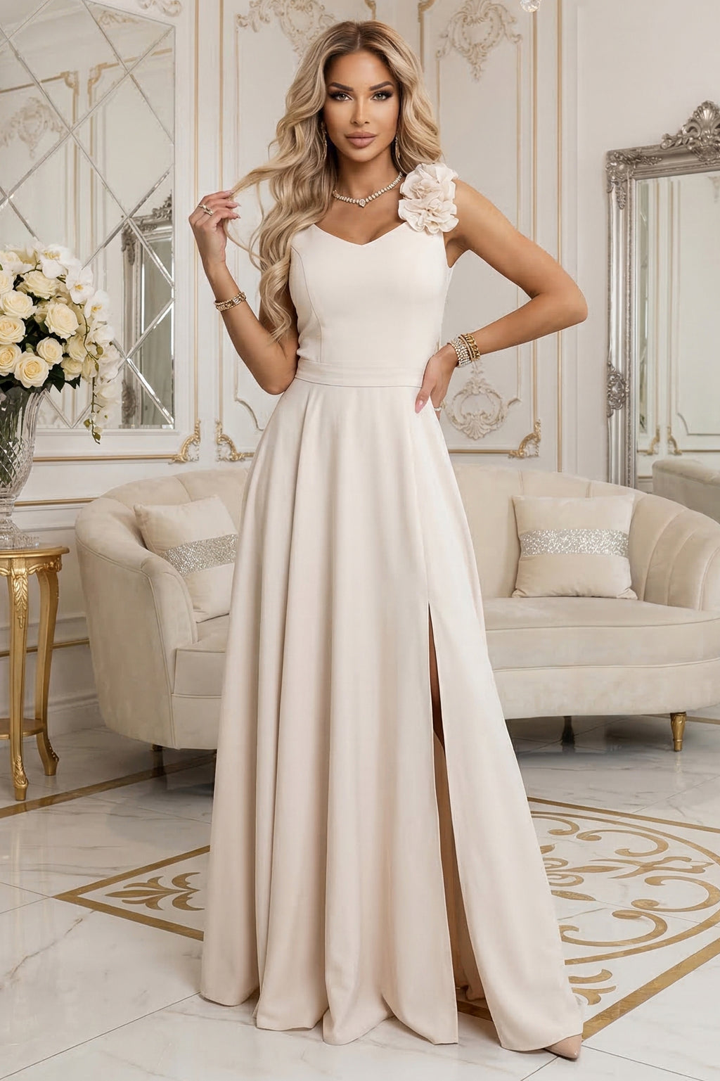 21457-1-643-3 Elegancka wieczorowa suknia maxi z rozcięciem i różami - beżowa-1