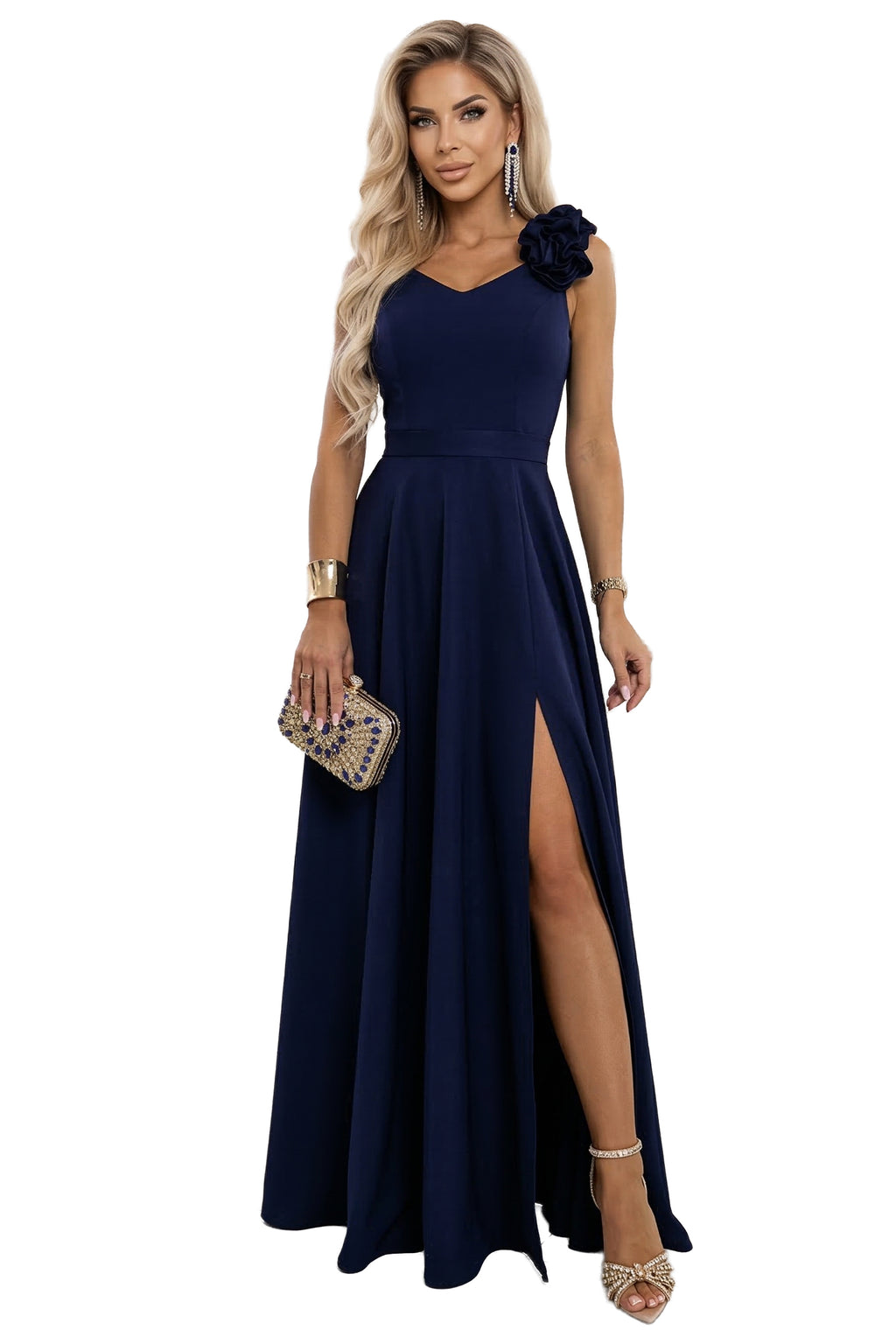 21408-8-643-4 Elegancka wieczorowa suknia maxi z rozcięciem i różami - granatowa-8