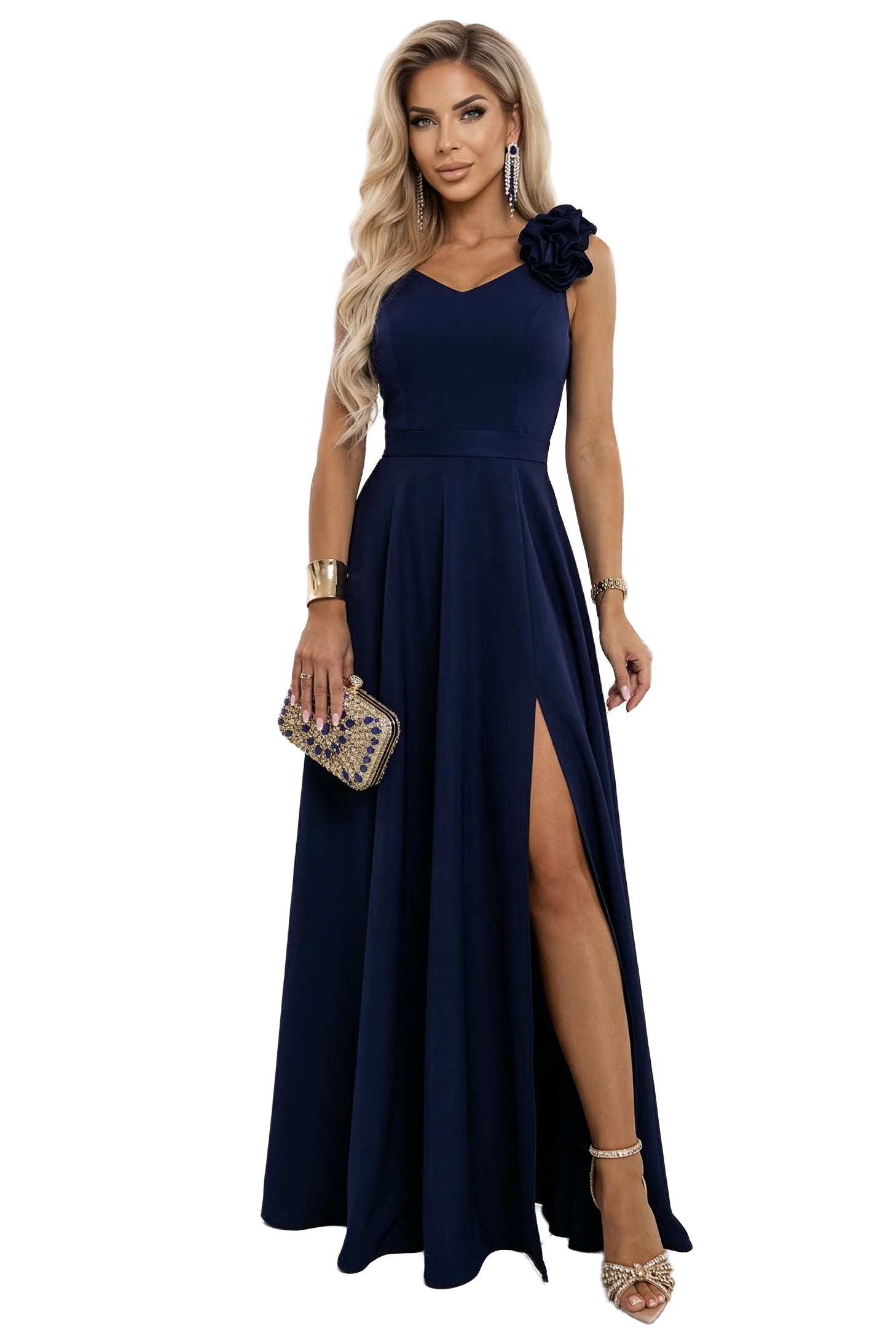21408-8-643-4 Elegancka wieczorowa suknia maxi z rozcięciem i różami - granatowa-8