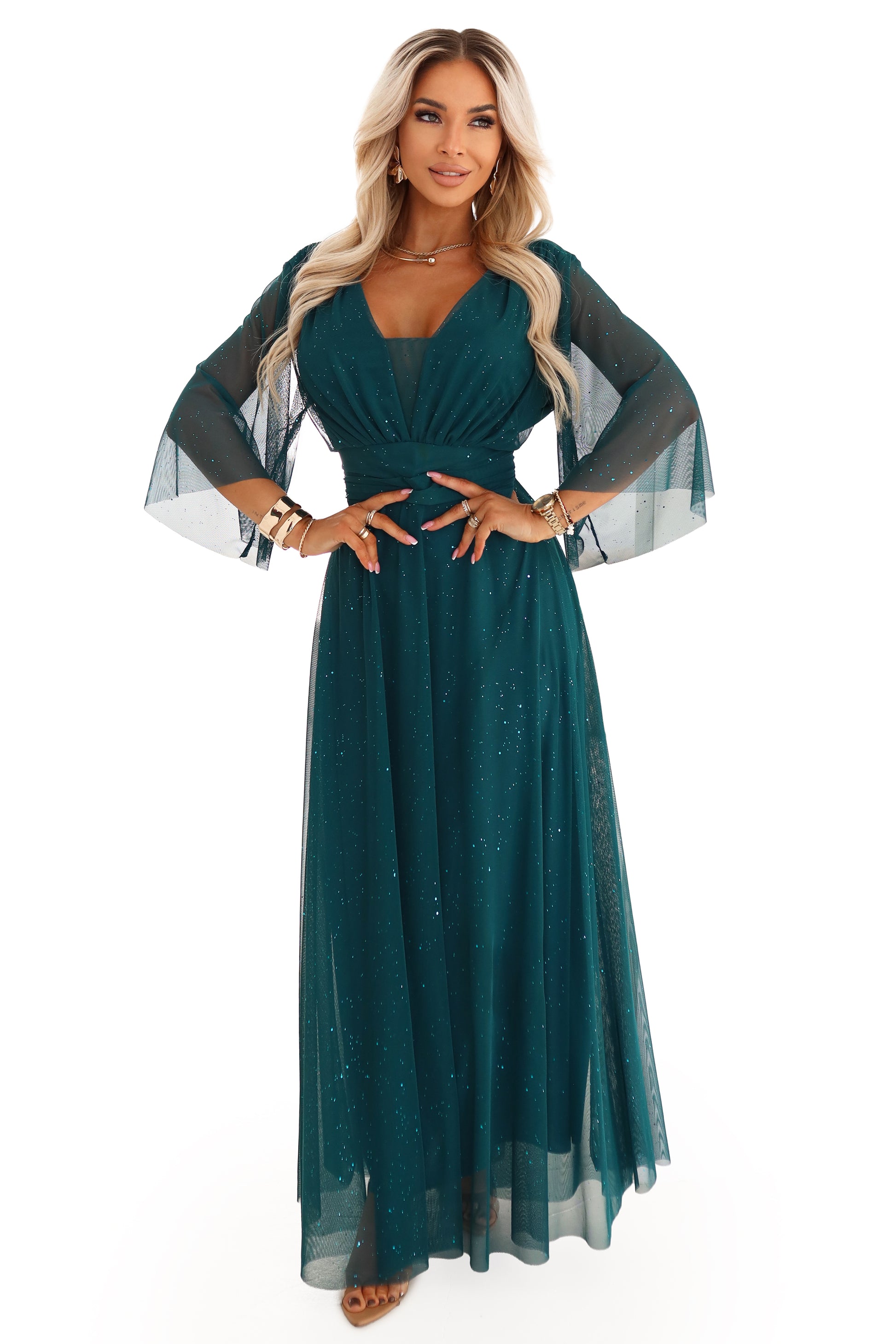 21195-13-654-1 Długa połyskująca sukienka plus size z dekoltem i transparentnym rękawkiem - zieleń butelkowa-13