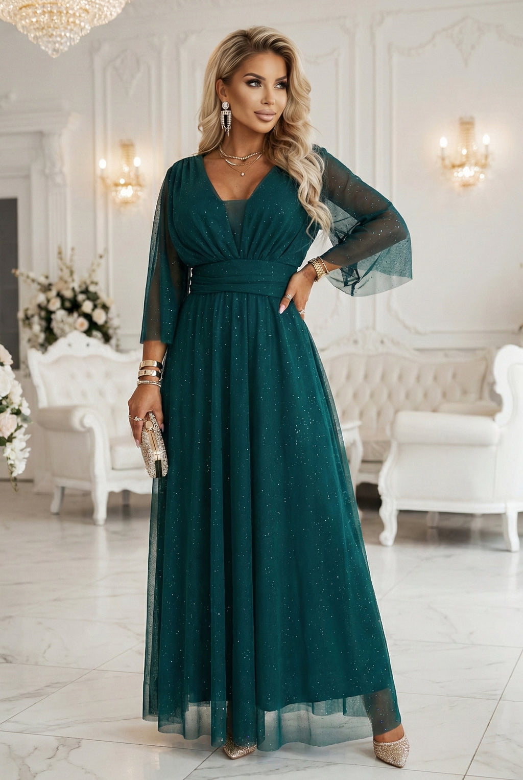 21195-5-654-1 Długa połyskująca sukienka plus size z dekoltem i transparentnym rękawkiem - zieleń butelkowa-5