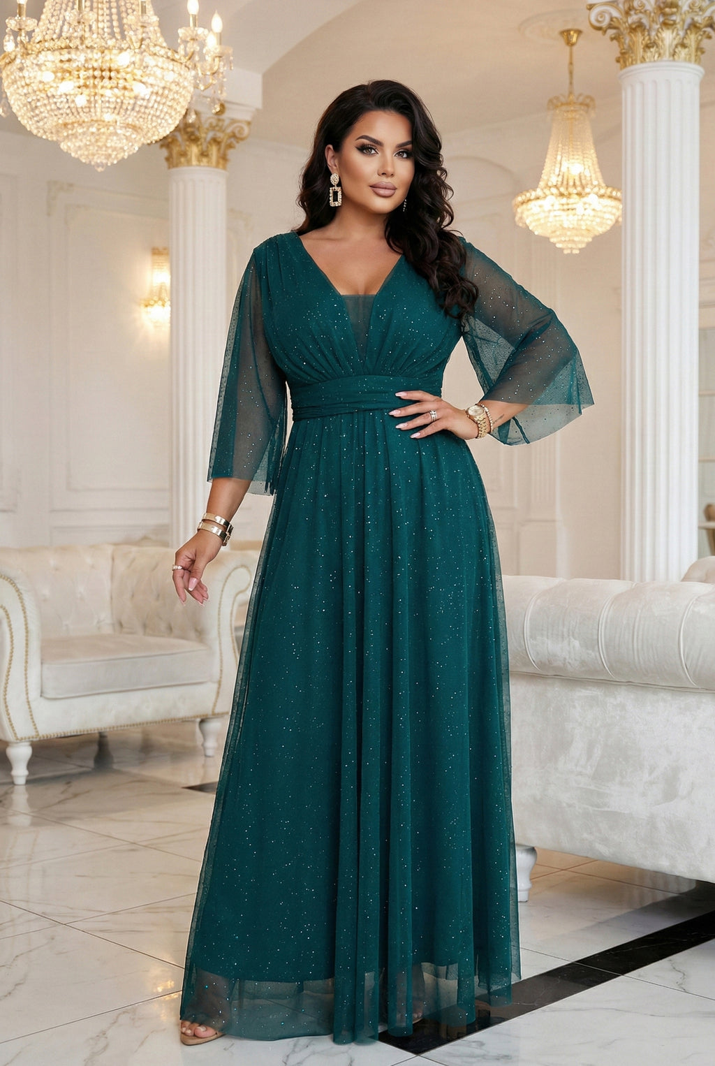 21195-8-654-1 Długa połyskująca sukienka plus size z dekoltem i transparentnym rękawkiem - zieleń butelkowa-8