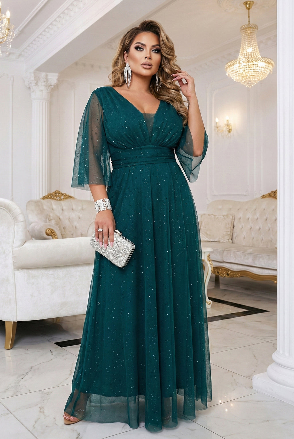 21195-9-654-1 Długa połyskująca sukienka plus size z dekoltem i transparentnym rękawkiem - zieleń butelkowa-9