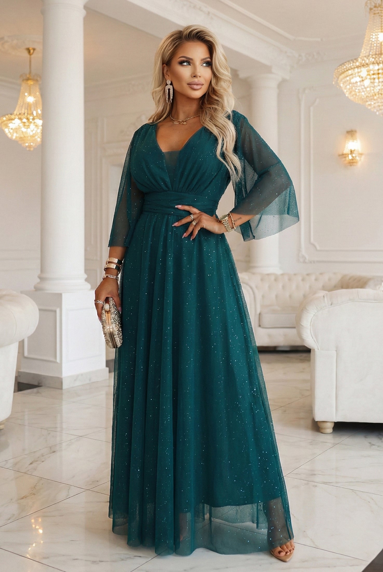 21195-10-654-1 Długa połyskująca sukienka plus size z dekoltem i transparentnym rękawkiem - zieleń butelkowa-10