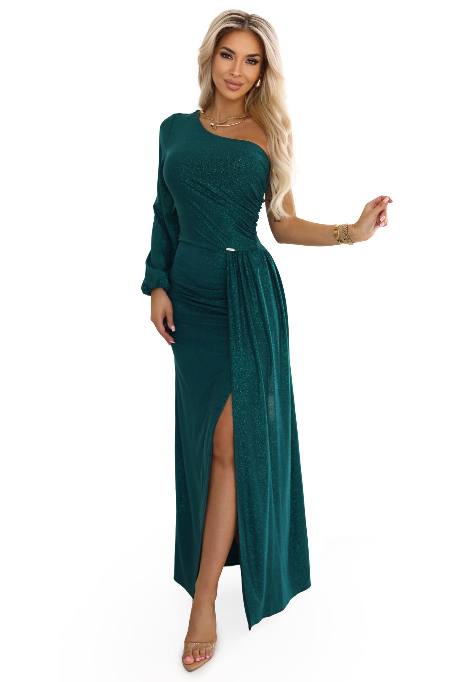 21207-8-658-2 Połyskująca brokatowa sukienka maxi na jedno ramię z asymetrycznym rękawem i rozcięciem - butelkowa zieleń-8