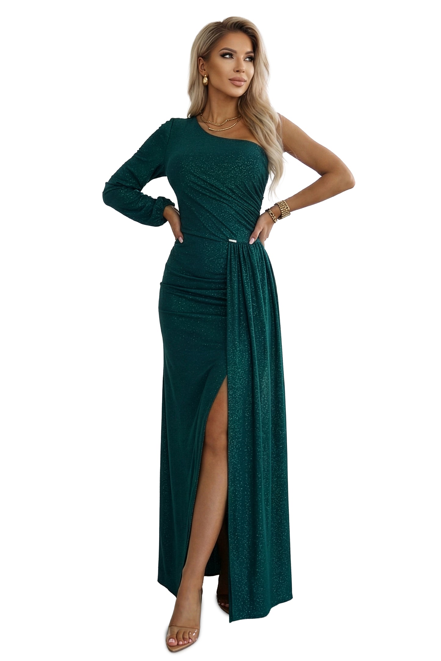 21207-15-658-2 Połyskująca brokatowa sukienka maxi na jedno ramię z asymetrycznym rękawem i rozcięciem - butelkowa zieleń-15