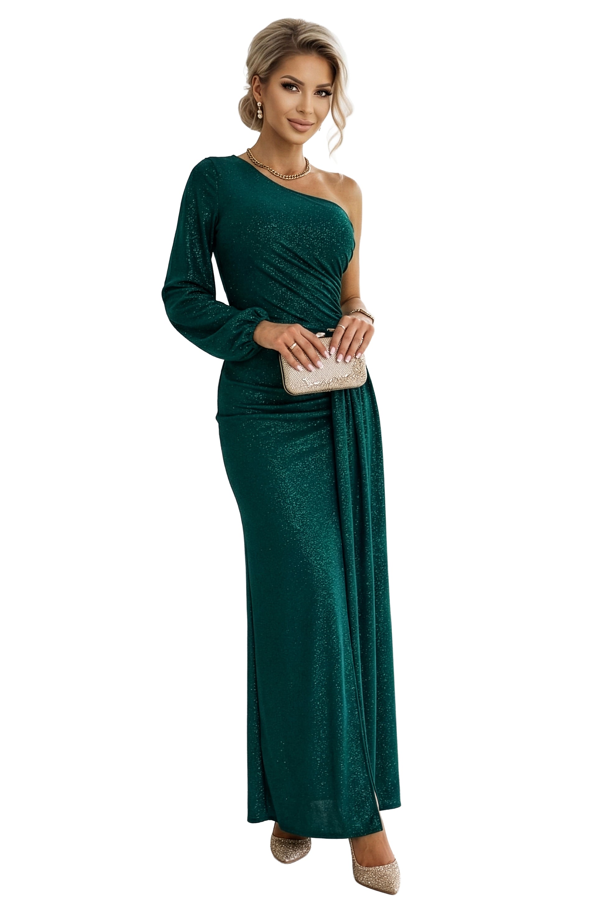 21207-11-658-2 Połyskująca brokatowa sukienka maxi na jedno ramię z asymetrycznym rękawem i rozcięciem - butelkowa zieleń-11