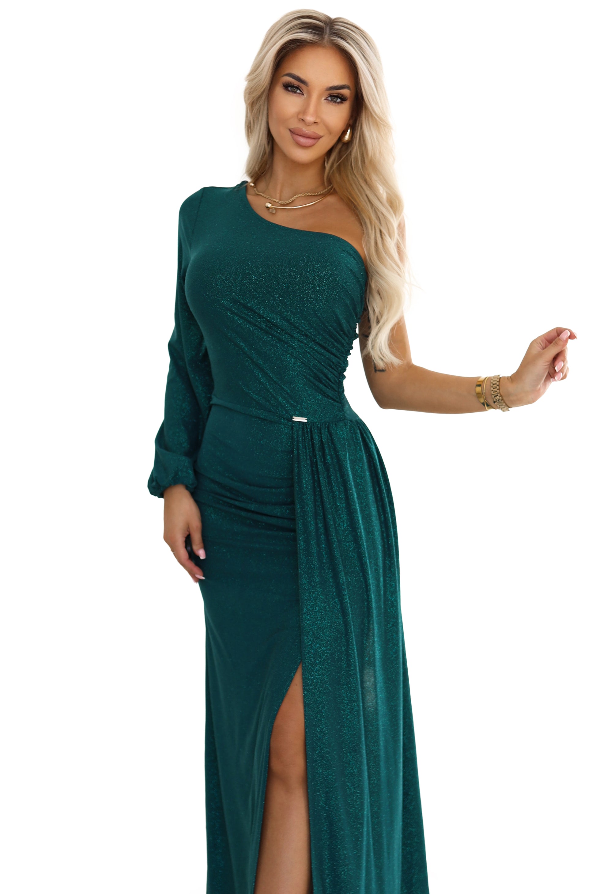 21207-7-658-2 Połyskująca brokatowa sukienka maxi na jedno ramię z asymetrycznym rękawem i rozcięciem - butelkowa zieleń-7