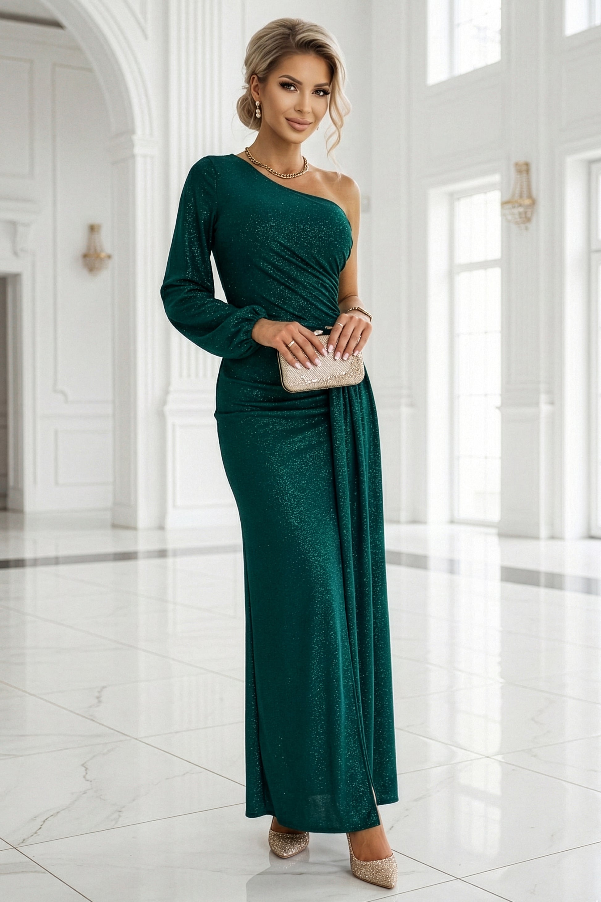 21207-9-658-2 Połyskująca brokatowa sukienka maxi na jedno ramię z asymetrycznym rękawem i rozcięciem - butelkowa zieleń-9