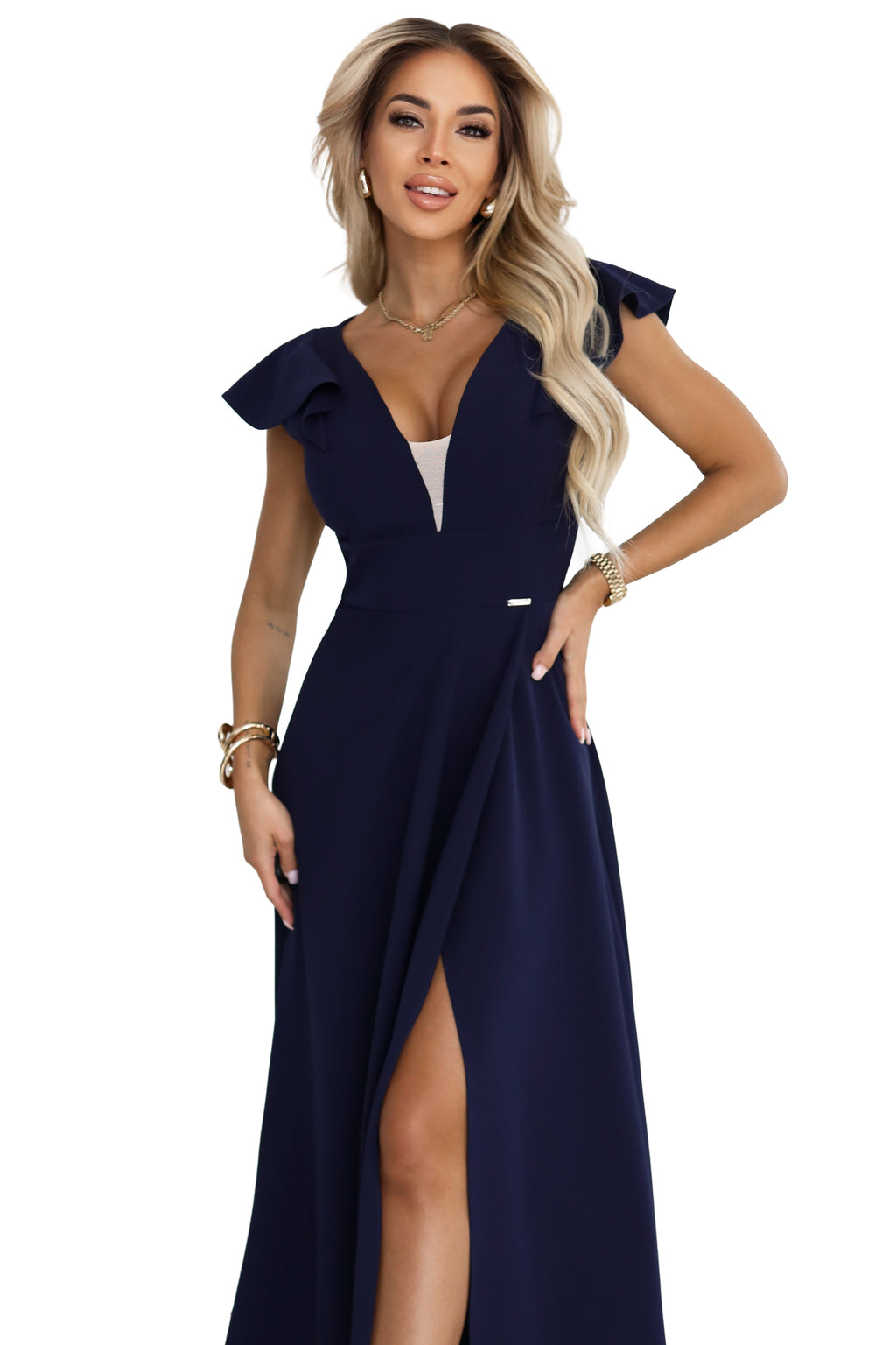 21226-13-660-1 Elegancka sukienka maxi z falbankami, głębokim dekoltem i rozcięciem na nodze - granatowa-13