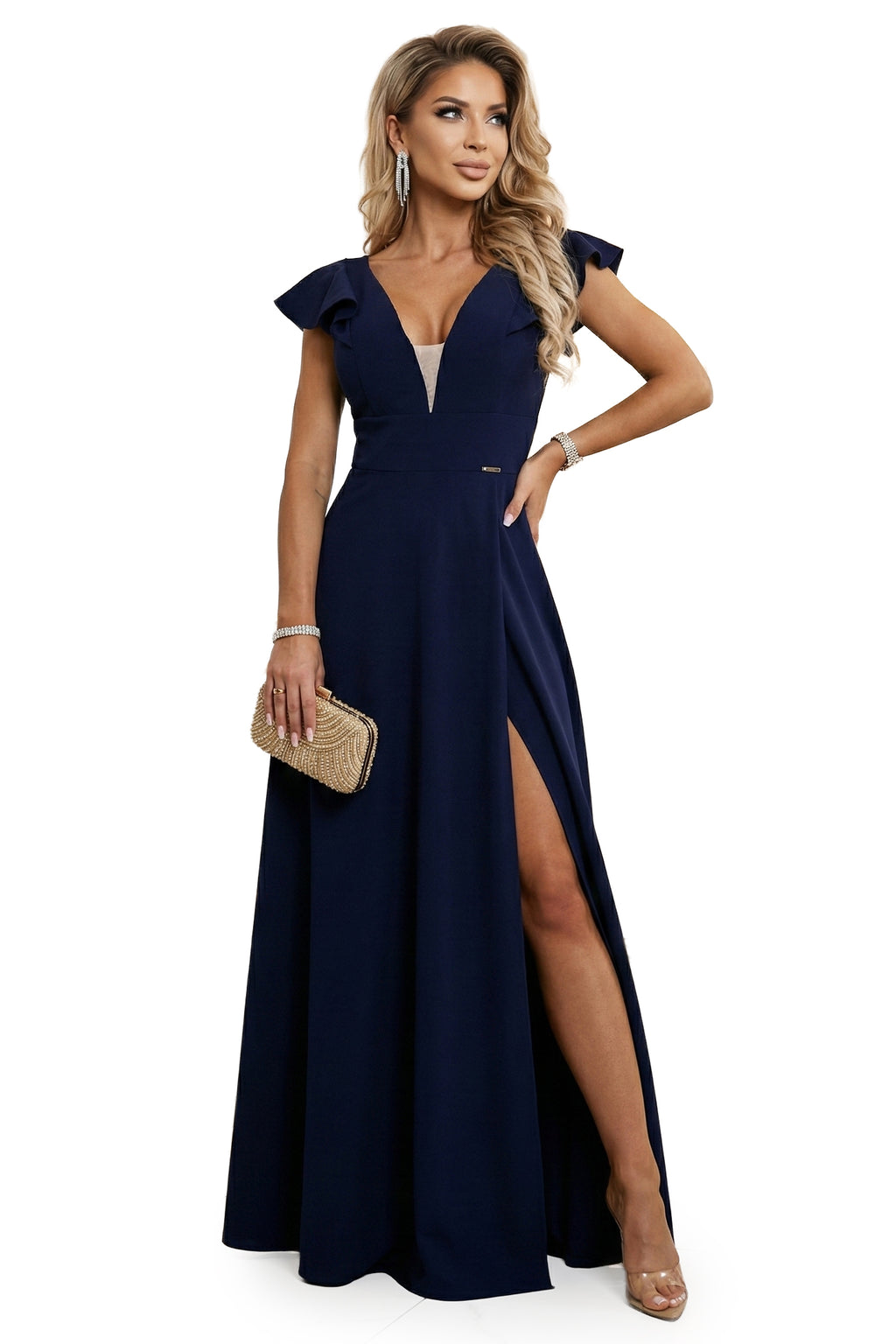 21226-11-660-1 Elegancka sukienka maxi z falbankami, głębokim dekoltem i rozcięciem na nodze - granatowa-11