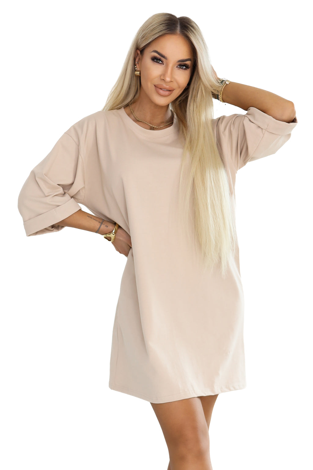 21692-9-666-1 Bawełniana luźna sukienka oversize z krótkim rękawem - beżowa-9
