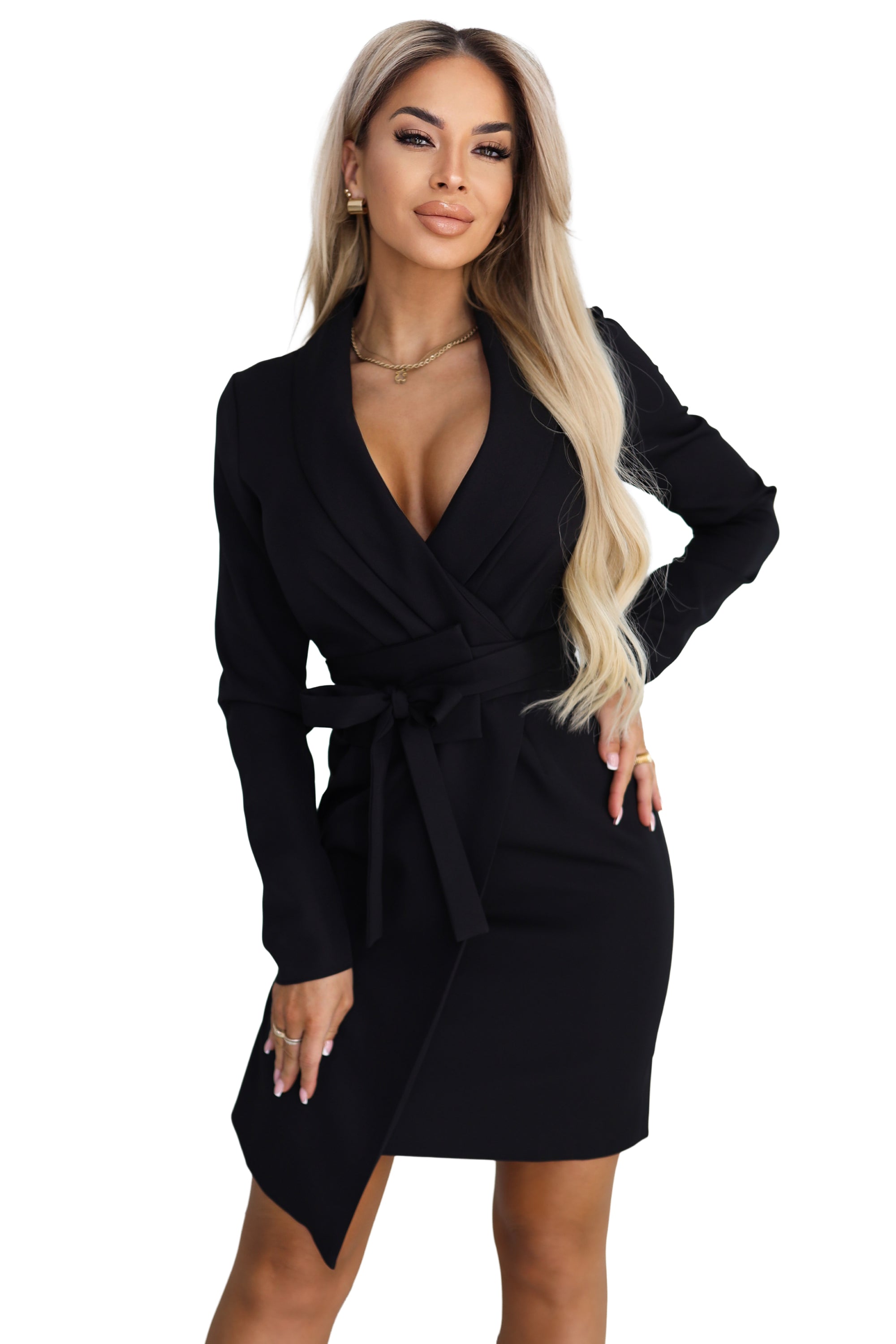21381-9-670-1 Elegancka sukienka marynarkowa z paskiem i asymetrycznym dołem - czarna-9